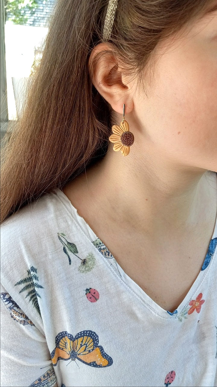 Golden Sunflower Halves Polymer Clay Earrings